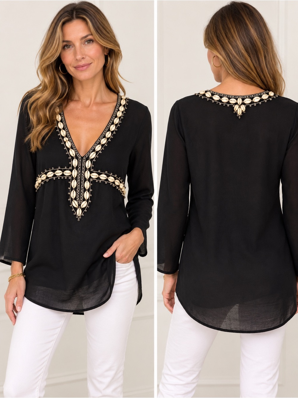 Dana Buchman Black Seashell Embellished V-Neck Tunic Top